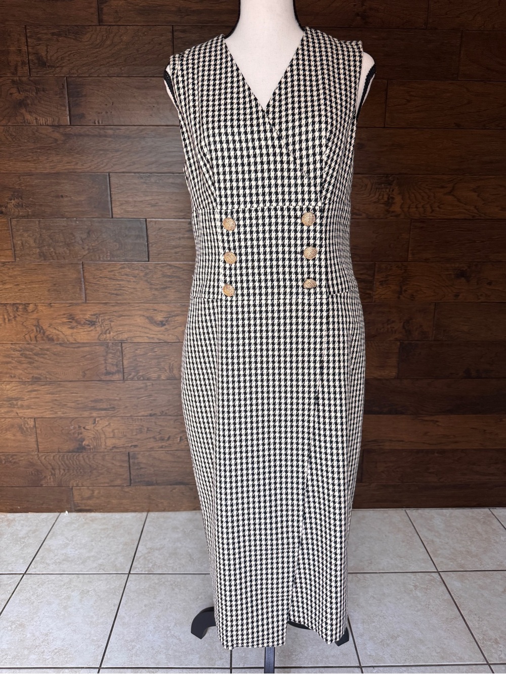 Rachel Zoe Black and White Houndstooth Sleeveless Sheath Dress with Gold Buttons